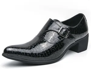 Men's Pointed Toe Chunky Heels Monk Strap Oxford Shoes,Fashion Shiny Business Formal Slip On Loafers Low Top Chelsea Wedding Derby Shoes