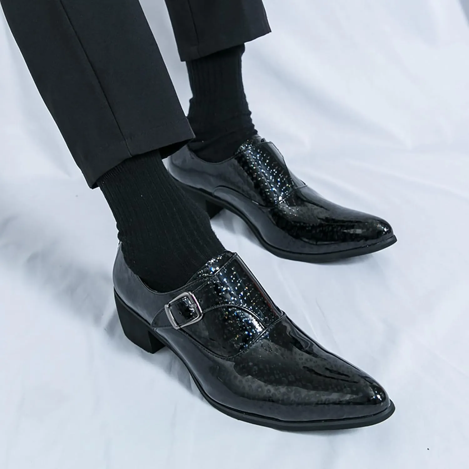 Men's Pointed Toe Chunky Heels Monk Strap Oxford Shoes,Fashion Shiny Business Formal Slip On Loafers Low Top Chelsea Wedding Derby Shoes