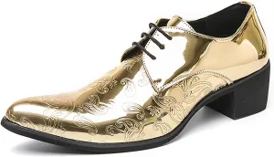 Men's Printing Pointed-Toe Patent Leather Derby Oxford Shoes,Classic Lace-up Low Top Block High Heel Fashion Slip on Prom Business Wedding Dress Shoes