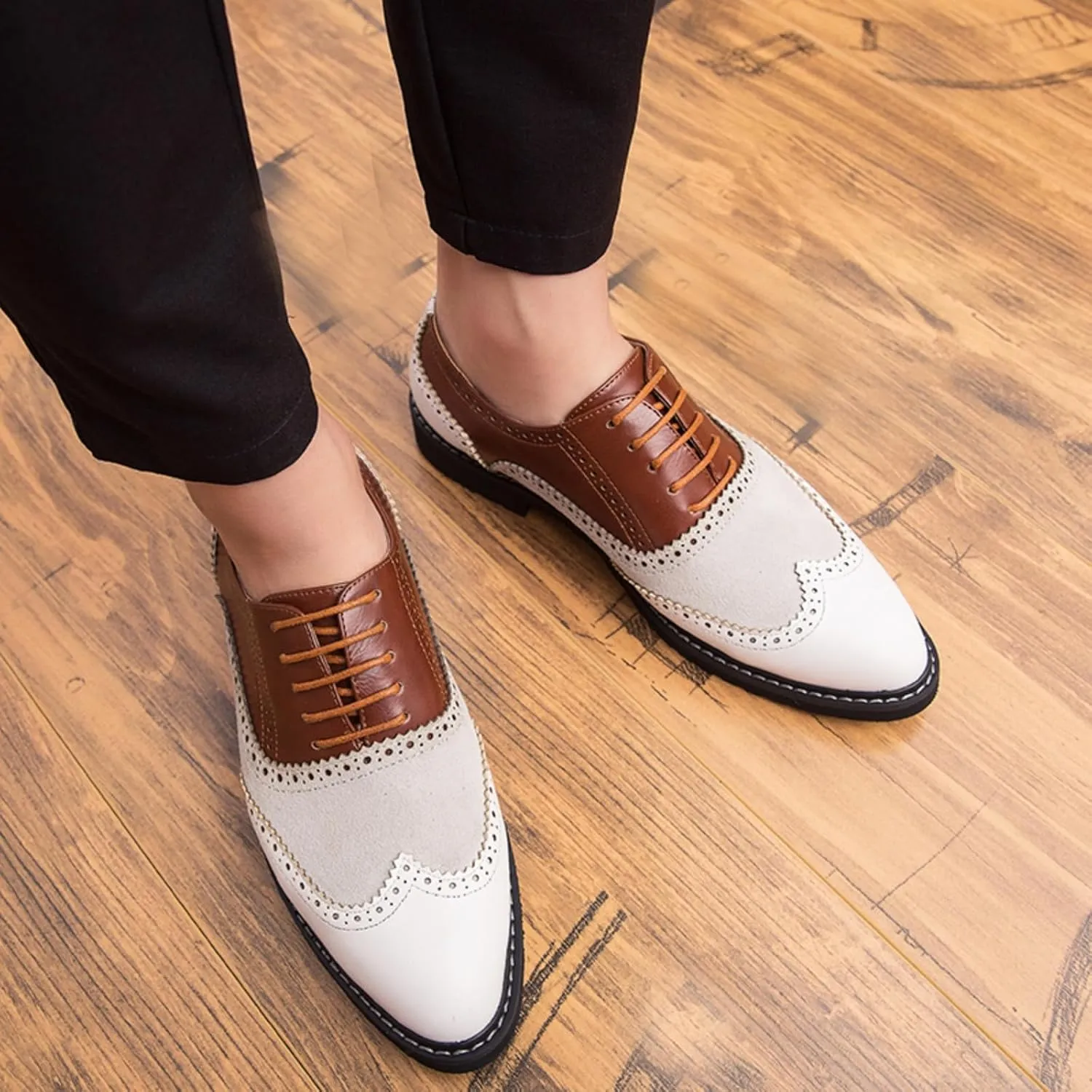 Mens Retro Brogue Multicolor Leather Dress Oxfords Shoes Low Top Non-Slip Round Toe Wingtip Casual Derby Shoes for Formal Business Wedding