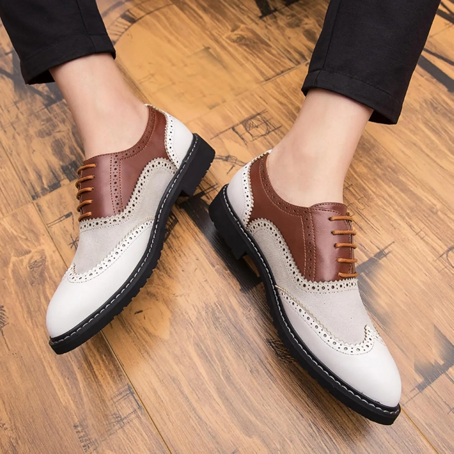 Mens Retro Brogue Multicolor Leather Dress Oxfords Shoes Low Top Non-Slip Round Toe Wingtip Casual Derby Shoes for Formal Business Wedding