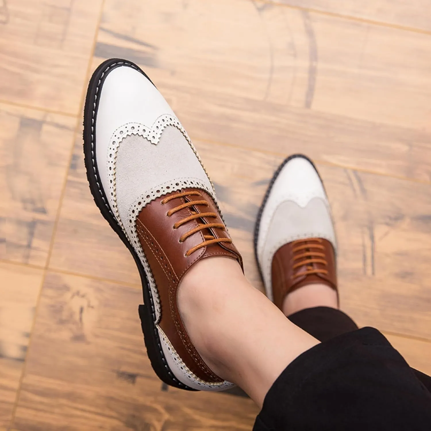 Mens Retro Brogue Multicolor Leather Dress Oxfords Shoes Low Top Non-Slip Round Toe Wingtip Casual Derby Shoes for Formal Business Wedding