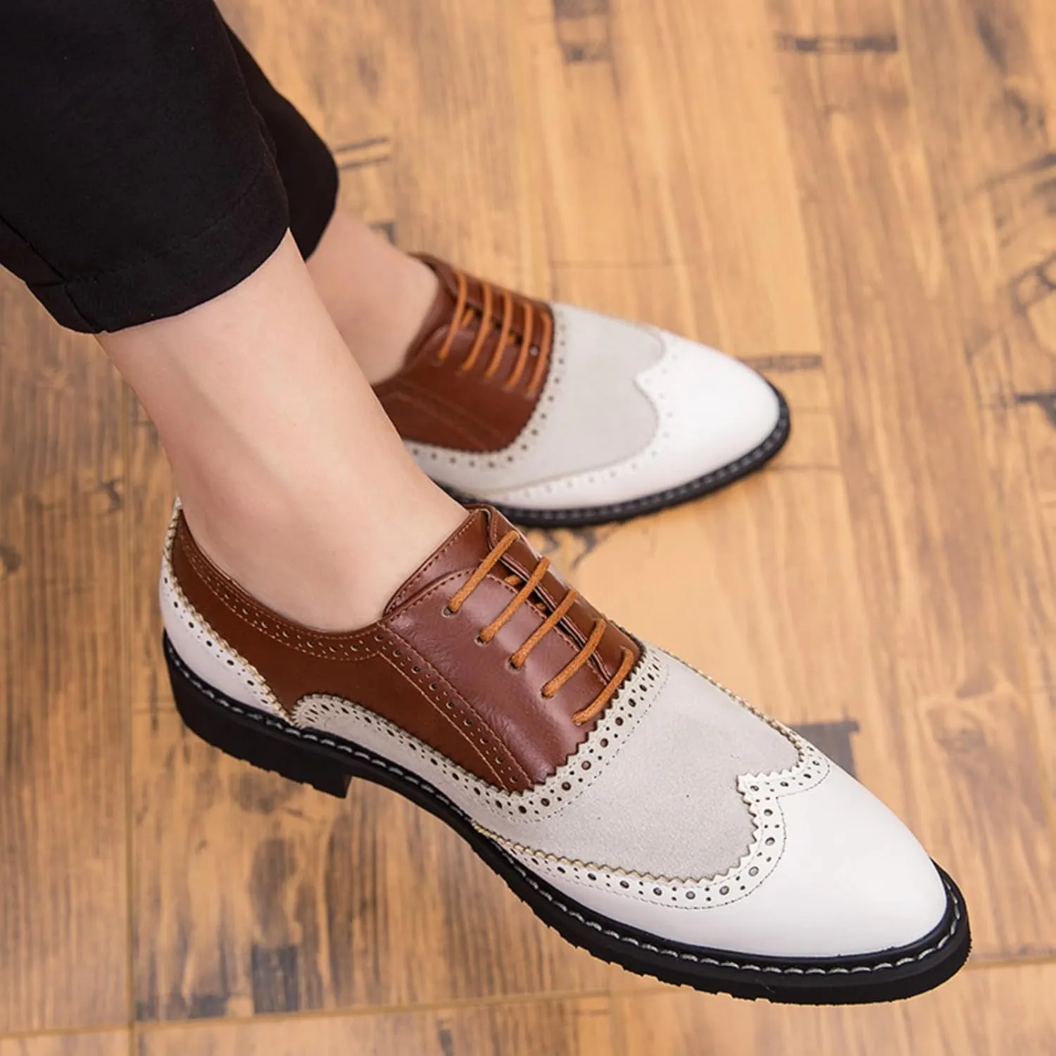 Mens Retro Brogue Multicolor Leather Dress Oxfords Shoes Low Top Non-Slip Round Toe Wingtip Casual Derby Shoes for Formal Business Wedding