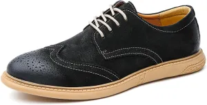Men's Retro Leather Oxford Dress Shoes - Wingtip Brogue Derby with Round Toe Low Heel Lace-Up Design for Business Formal & Casual Wear - Comfortable & Stylish