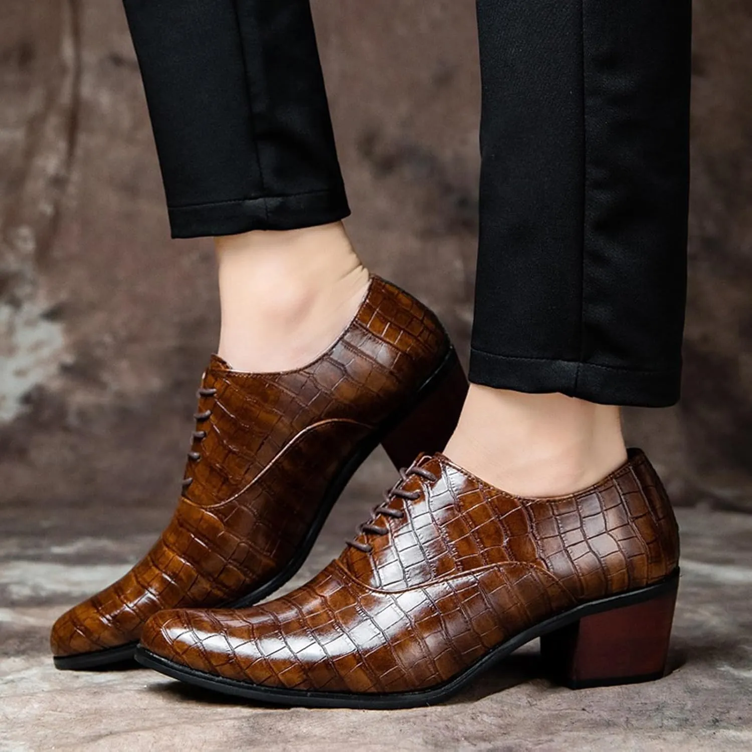 Men's Stone Pattern Chunky Heel Leather Dress Oxford Shoes Fashion Classic Pointed Toe Lace Up Low Top Business Formal Derby Shoes