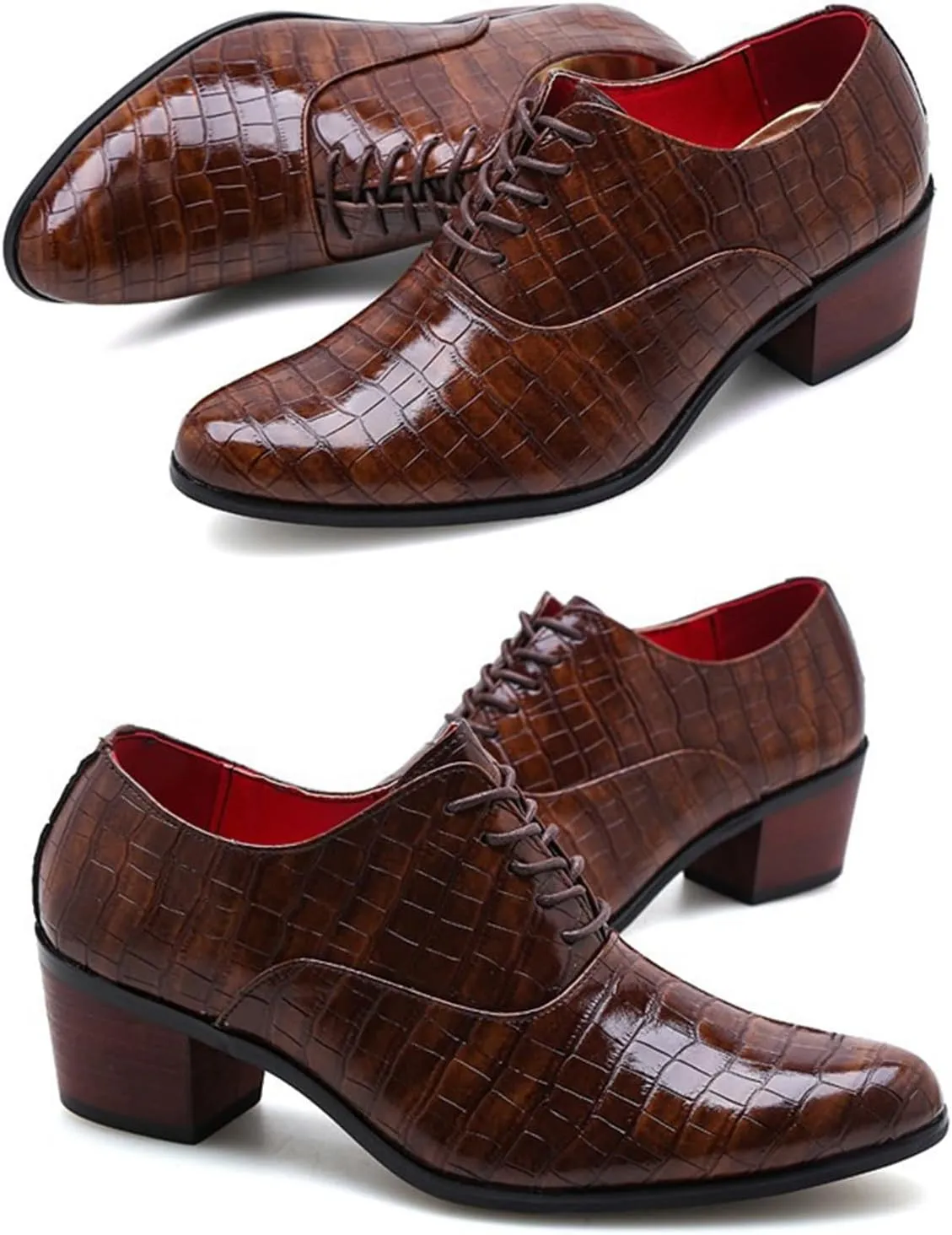 Men's Stone Pattern Chunky Heel Leather Dress Oxford Shoes Fashion Classic Pointed Toe Lace Up Low Top Business Formal Derby Shoes