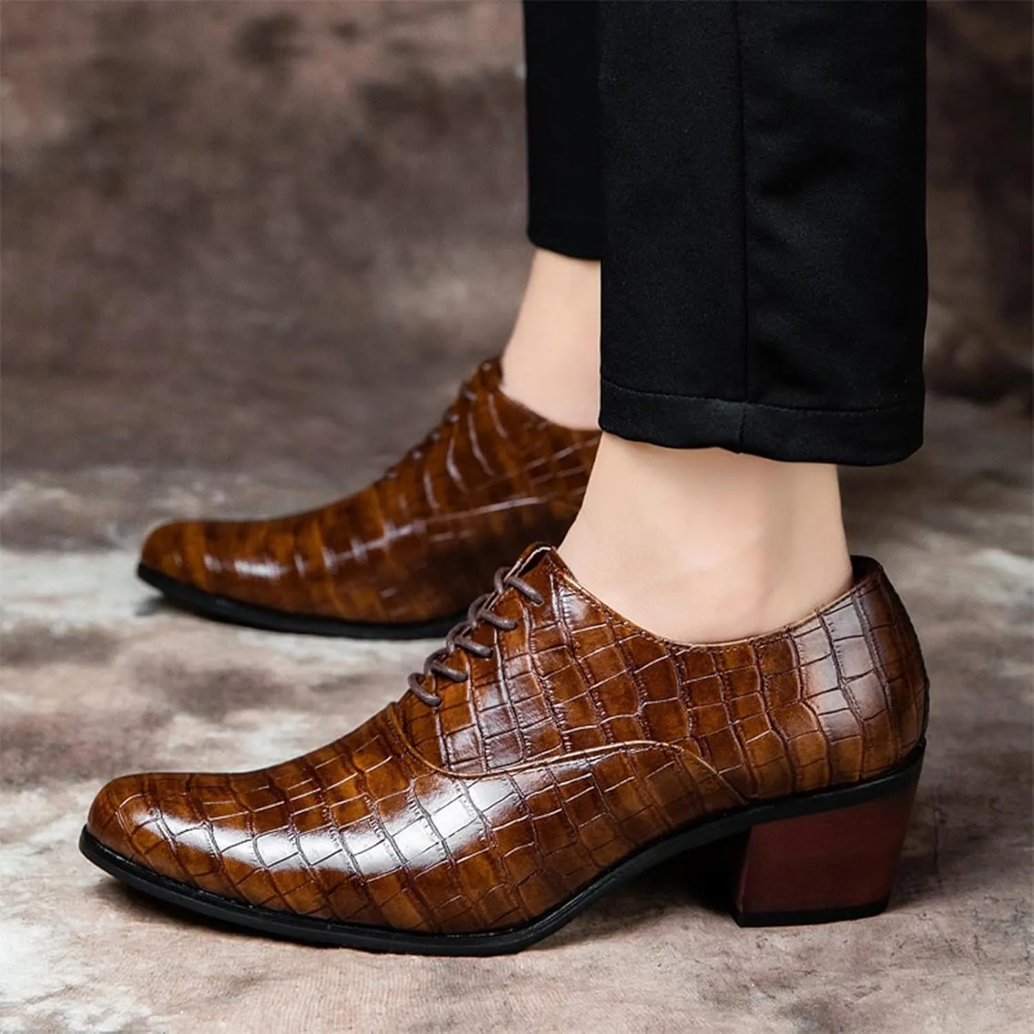 Men's Stone Pattern Chunky Heel Leather Dress Oxford Shoes Fashion Classic Pointed Toe Lace Up Low Top Business Formal Derby Shoes