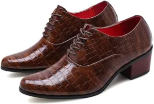 Men's Stone Pattern Chunky Heel Leather Dress Oxford Shoes Fashion Classic Pointed Toe Lace Up Low Top Business Formal Derby Shoes