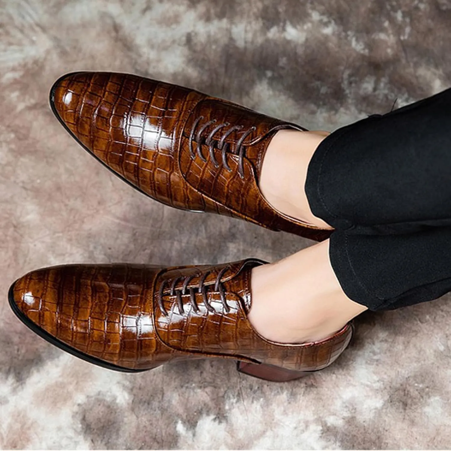 Men's Stone Pattern Chunky Heel Leather Dress Oxford Shoes Fashion Classic Pointed Toe Lace Up Low Top Business Formal Derby Shoes