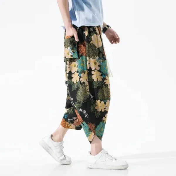 Men's Summer Beach Pants - Thin Print Wide-Leg Ethnic Harem Trousers