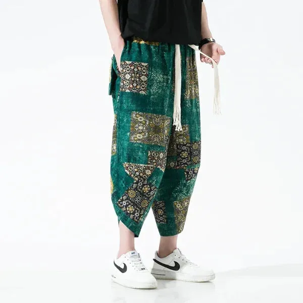 Men's Summer Beach Pants - Thin Print Wide-Leg Ethnic Harem Trousers