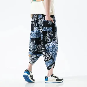 Men's Summer Beach Pants - Thin Print Wide-Leg Ethnic Harem Trousers