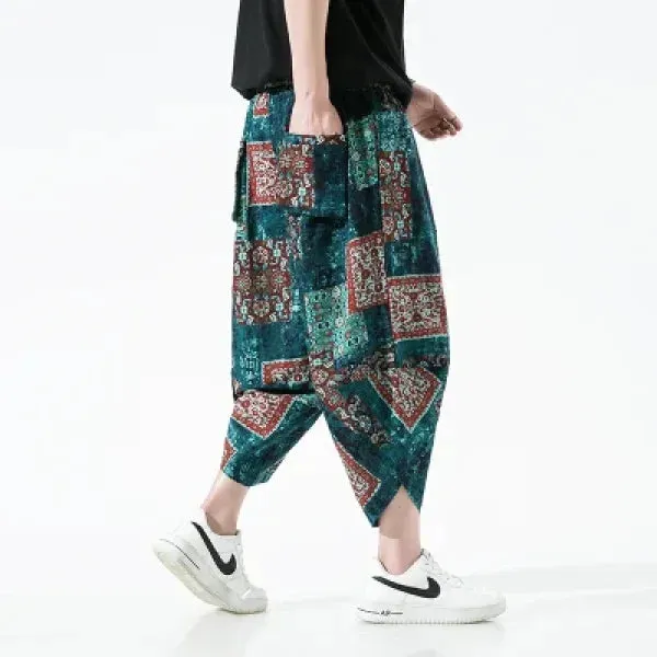 Men's Summer Beach Pants - Thin Print Wide-Leg Ethnic Harem Trousers