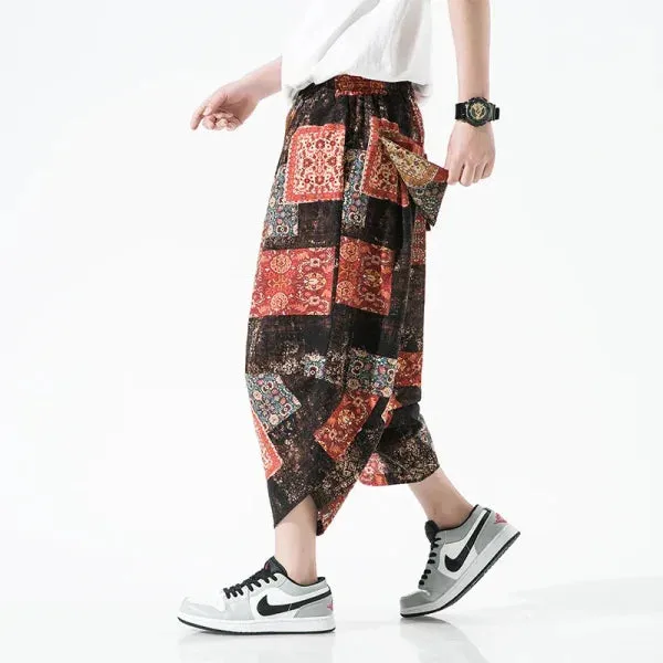 Men's Summer Beach Pants - Thin Print Wide-Leg Ethnic Harem Trousers