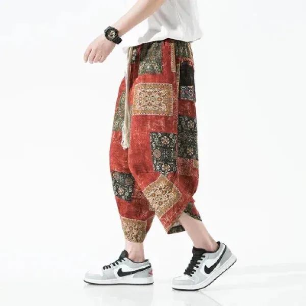 Men's Summer Beach Pants - Thin Print Wide-Leg Ethnic Harem Trousers