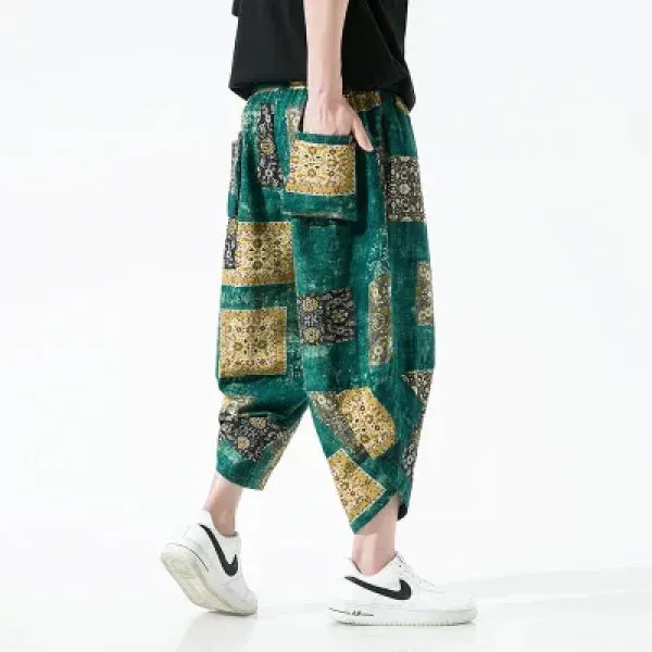 Men's Summer Beach Pants - Thin Print Wide-Leg Ethnic Harem Trousers