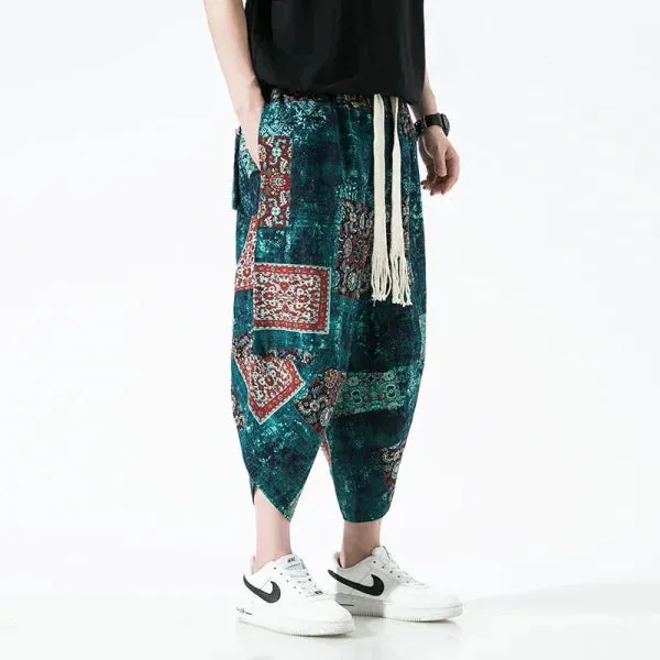 Men's Summer Beach Pants - Thin Print Wide-Leg Ethnic Harem Trousers