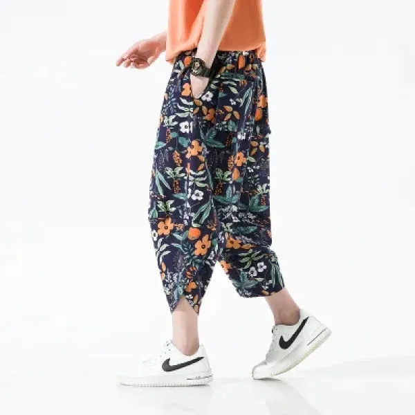 Men's Summer Beach Pants - Thin Print Wide-Leg Ethnic Harem Trousers