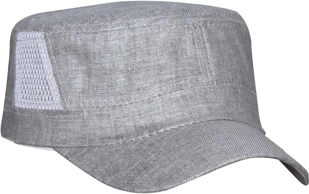 Mens Summer Breathable Linen Flax Cadet Army Basic Everyday Military Style Caps Hats Flat Top Mesh Sun Golf Baseball Cap Hat