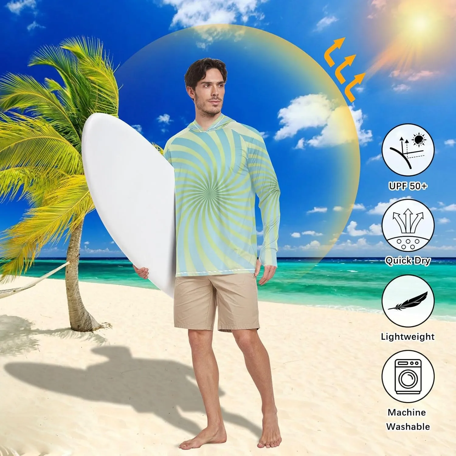 Men's Sun Shirt Hoodie Long Sleeve UPF 50   Mens Sun Shirts Rash Guard Men Beach Hoodies Twirl Swirl