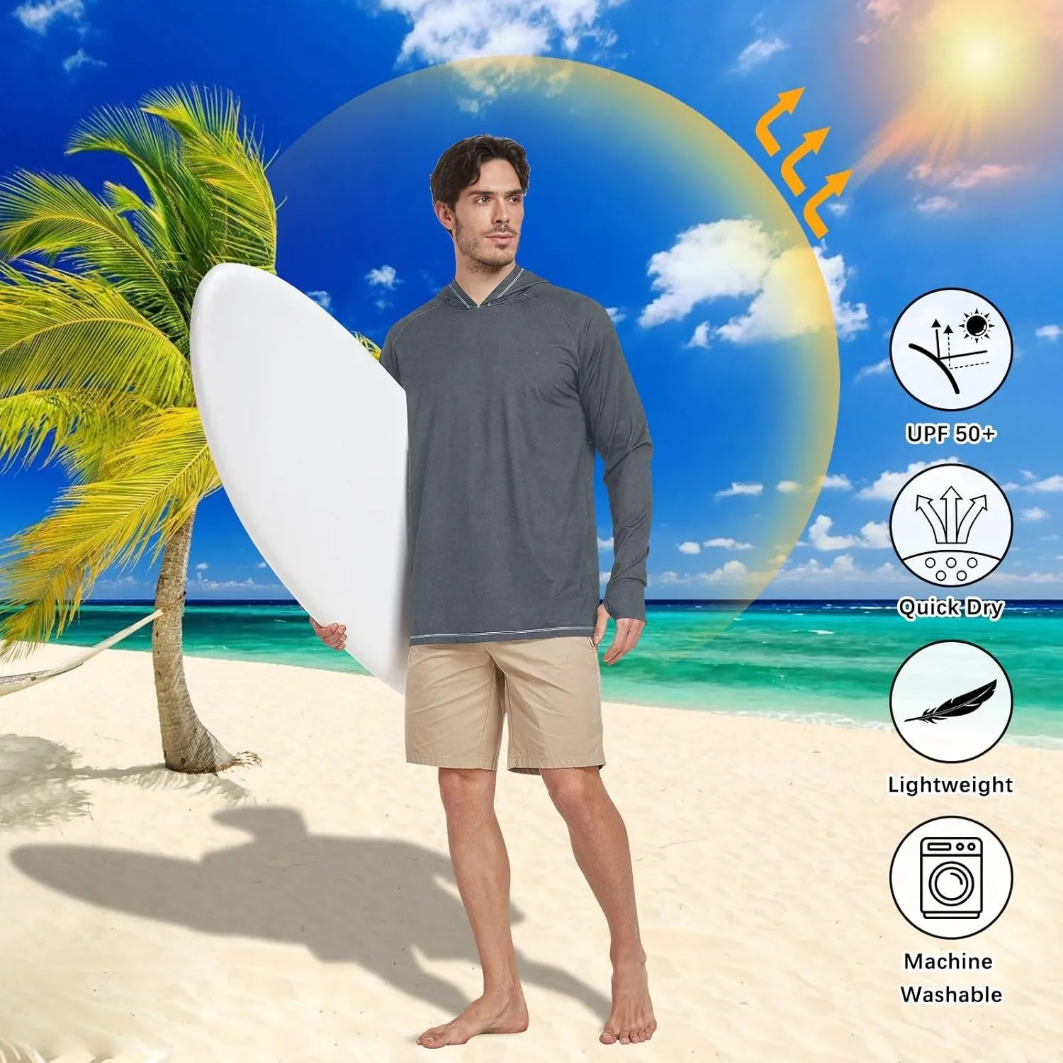 Mens Sun Shirts Protection Long Sleeve UPF 50 Mens Sun Shirt Quick Dry UV Rash Guard Hooded Active Wear