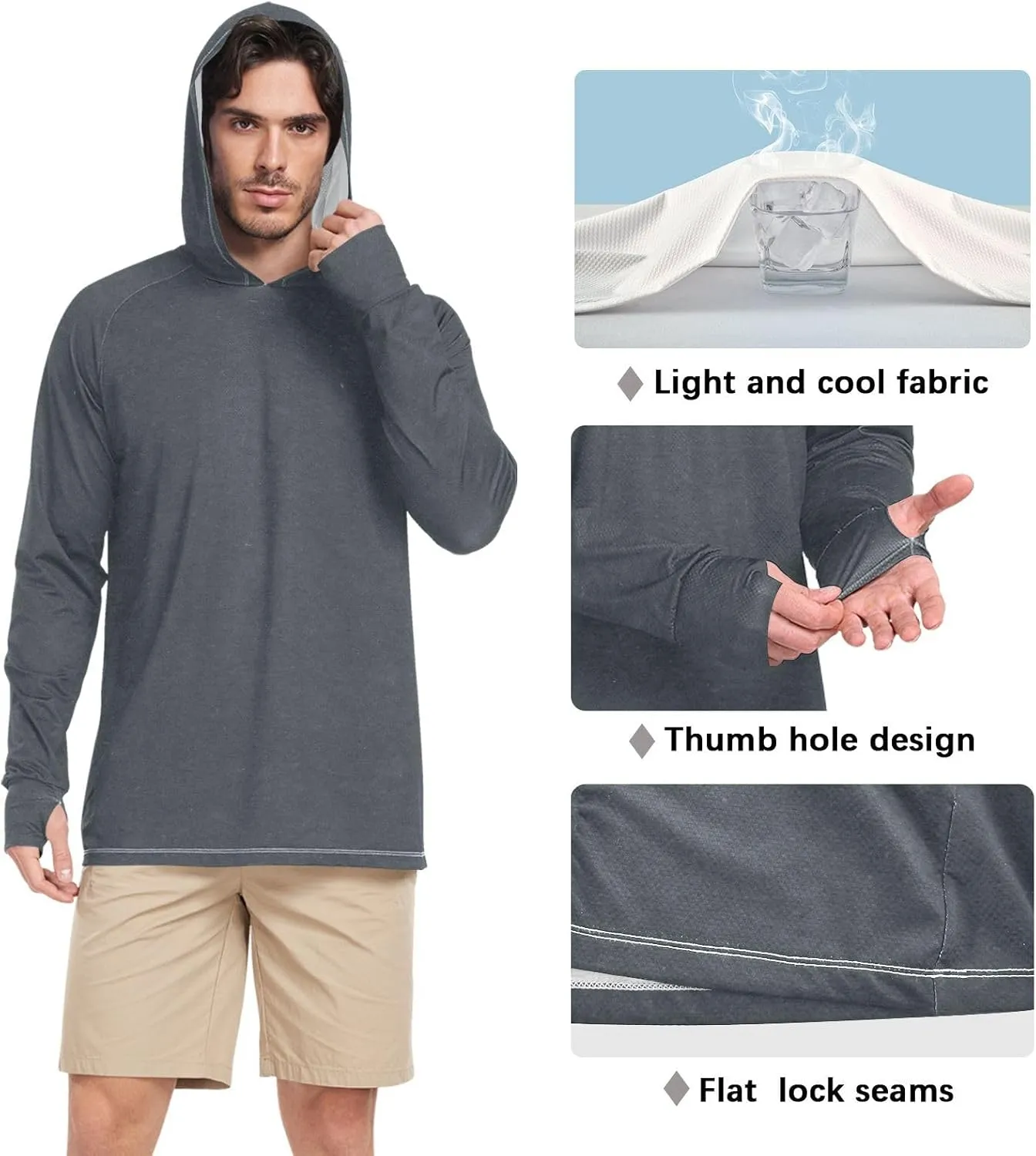 Mens Sun Shirts Protection Long Sleeve UPF 50 Mens Sun Shirt Quick Dry UV Rash Guard Hooded Active Wear
