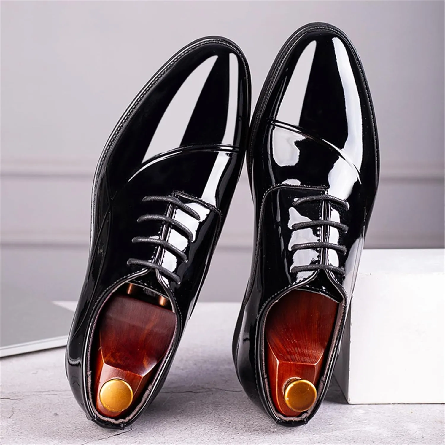 Men's Trendy High Gloss Patent Leather Business Oxford Lightweight Derby Shoes Formal Lace Up Dress Shoes