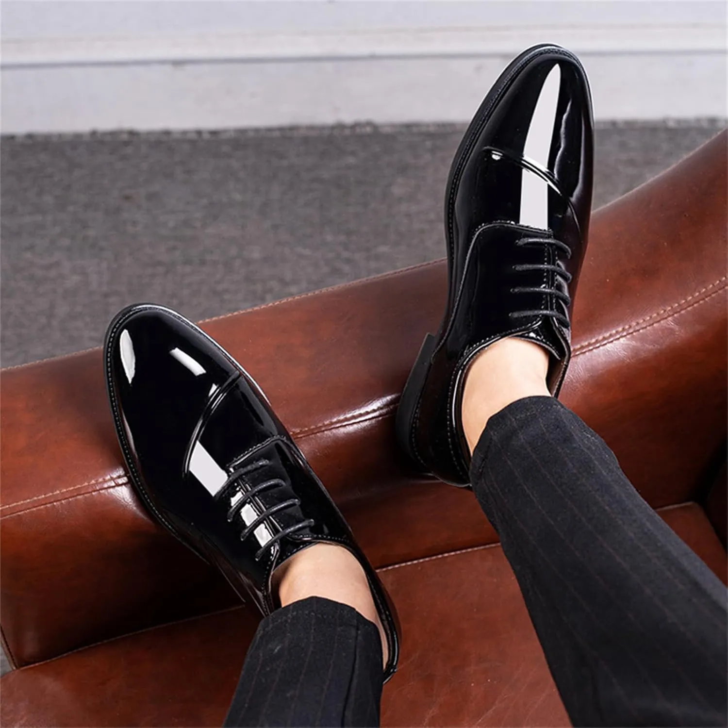 Men's Trendy High Gloss Patent Leather Business Oxford Lightweight Derby Shoes Formal Lace Up Dress Shoes