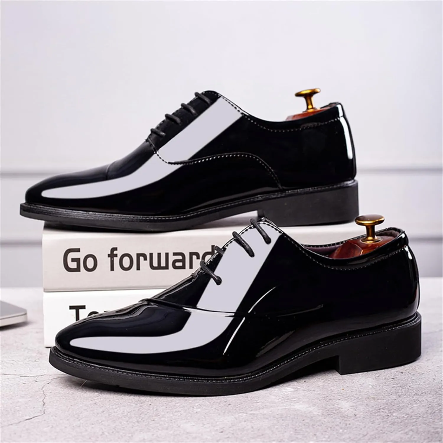 Men's Trendy High Gloss Patent Leather Business Oxford Lightweight Derby Shoes Formal Lace Up Dress Shoes
