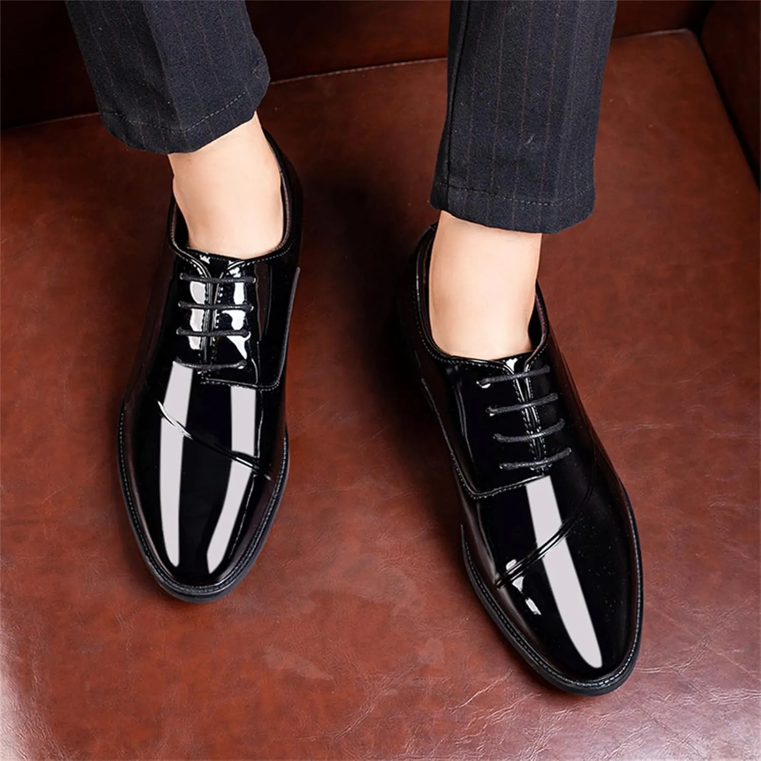 Men's Trendy High Gloss Patent Leather Business Oxford Lightweight Derby Shoes Formal Lace Up Dress Shoes