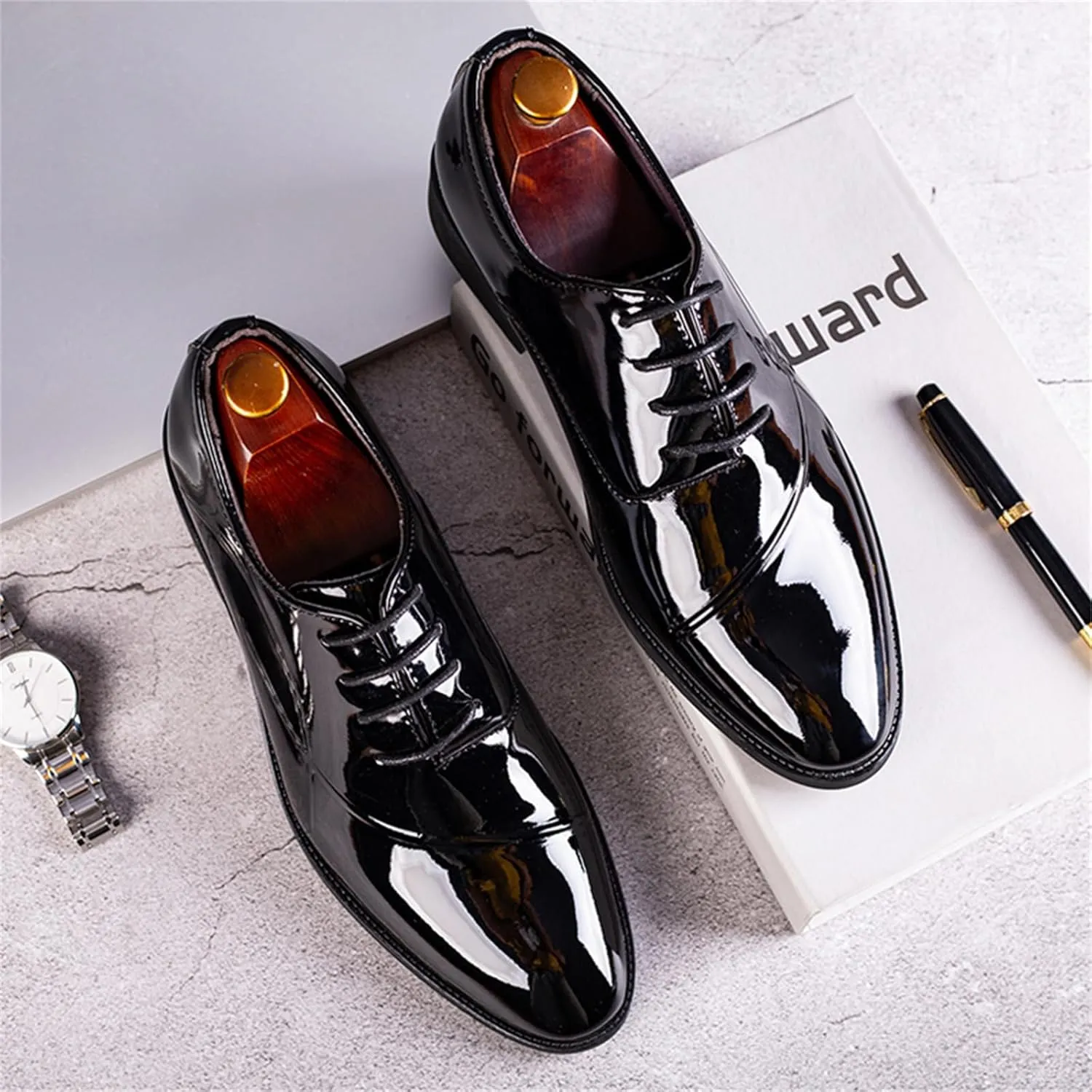 Men's Trendy High Gloss Patent Leather Business Oxford Lightweight Derby Shoes Formal Lace Up Dress Shoes