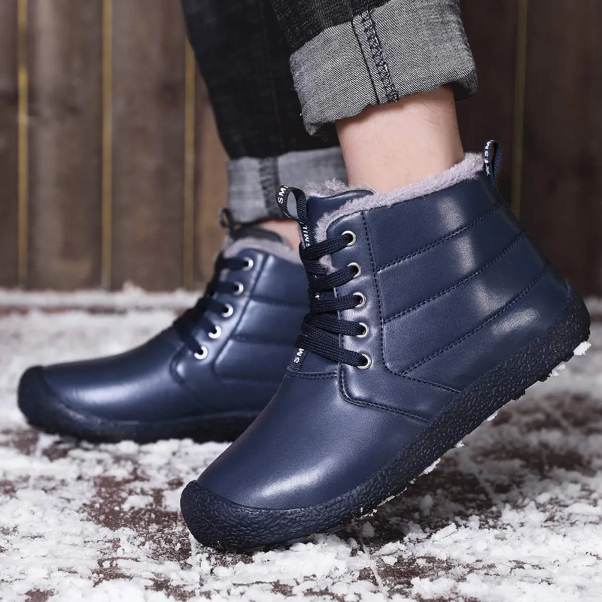 Mens Winter Snow Boots Fur Lined Warm Ankle Booties Waterproof Slip-on Sneakers Lightweight High Top Outdoor Shoes