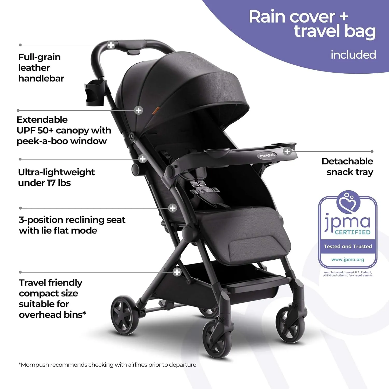 Mompush Lithe V2 Lightweight Stroller with Snack Tray, Ultra-Compact Fold & Airplane Ready Travel Stroller, Near Flat Recline Seat, Cup Holder, Raincover & Travelbag Included