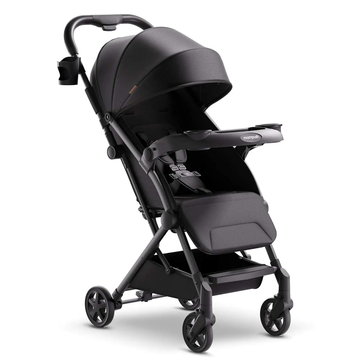 Mompush Lithe V2 Lightweight Stroller with Snack Tray, Ultra-Compact Fold & Airplane Ready Travel Stroller, Near Flat Recline Seat, Cup Holder, Raincover & Travelbag Included