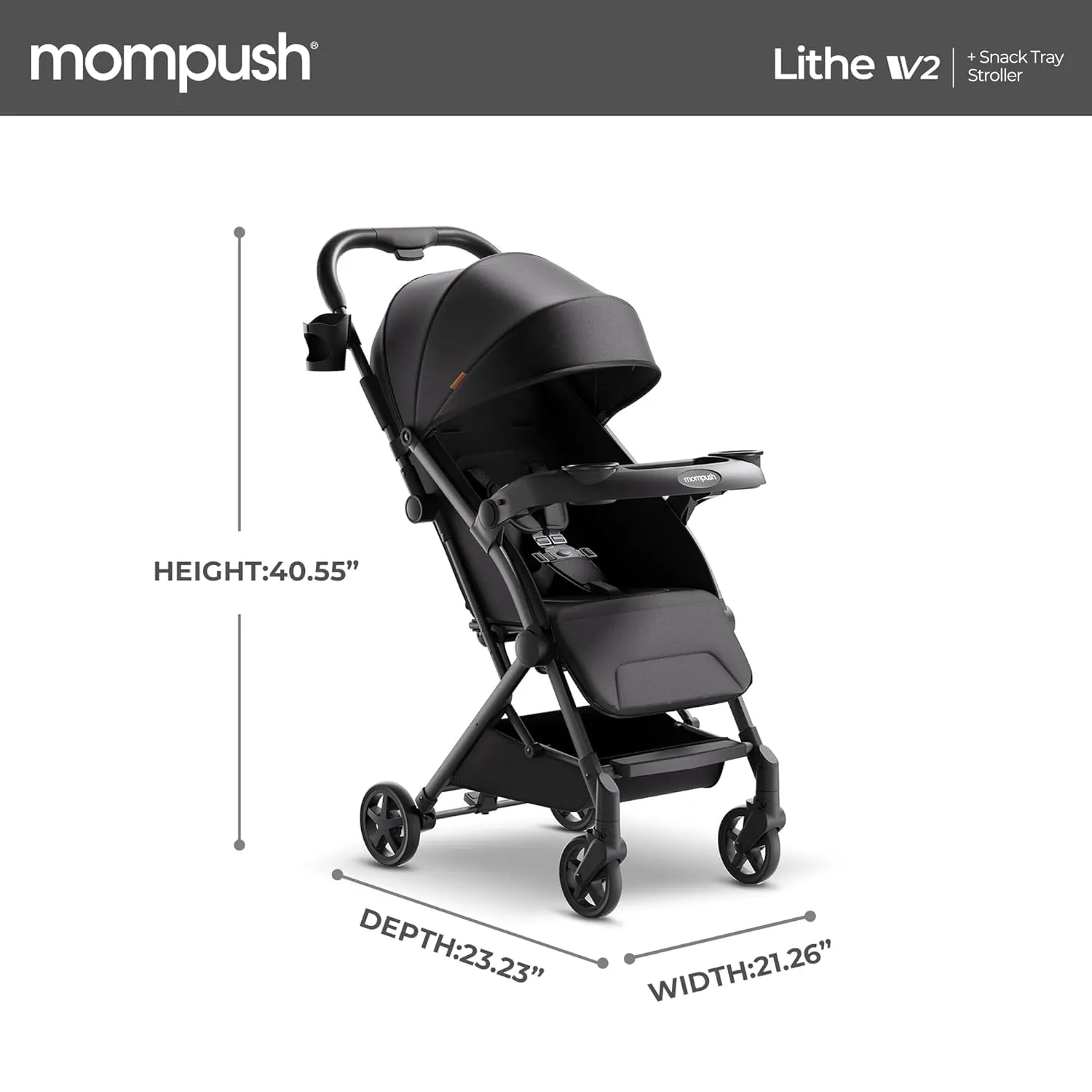 Mompush Lithe V2 Lightweight Stroller with Snack Tray, Ultra-Compact Fold & Airplane Ready Travel Stroller, Near Flat Recline Seat, Cup Holder, Raincover & Travelbag Included