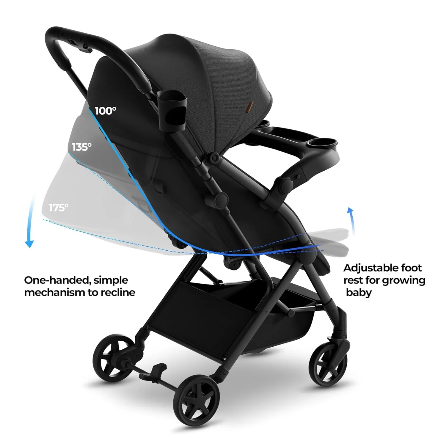 Mompush Lithe V2 Lightweight Stroller with Snack Tray, Ultra-Compact Fold & Airplane Ready Travel Stroller, Near Flat Recline Seat, Cup Holder, Raincover & Travelbag Included