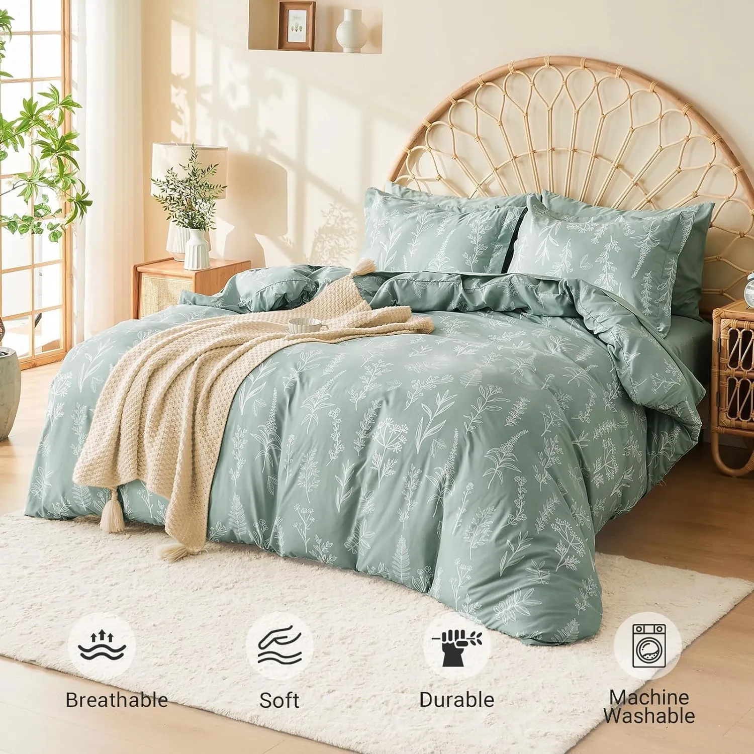 MUXHOMO Full Comforter Set, Sage Green Elegant Floral Print Bed in a Bag 7 Pieces, Ultra Soft & Breathable Reversible Botanical Pattern Bedding Set with Comforter, Sheets, Pillowcases, and Shams