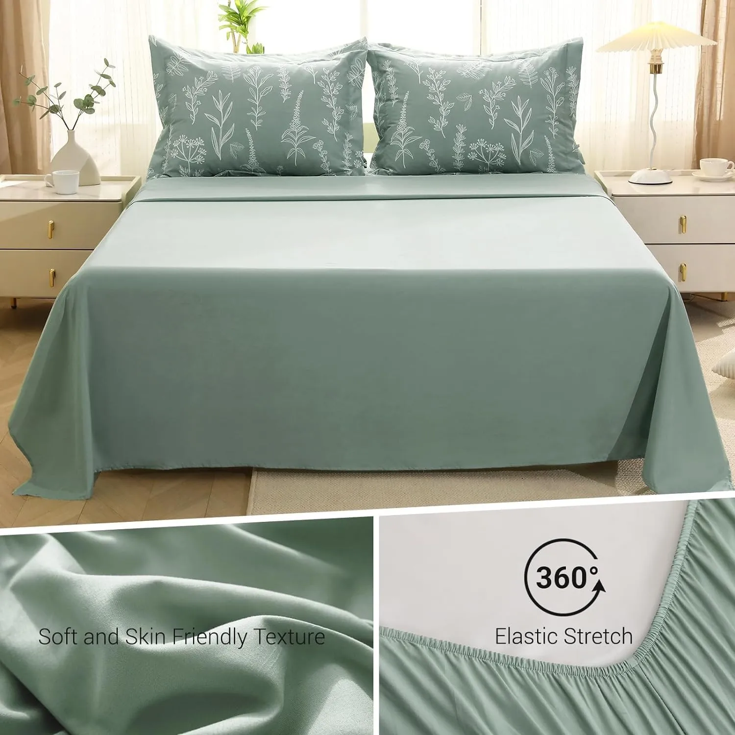 MUXHOMO Full Comforter Set, Sage Green Elegant Floral Print Bed in a Bag 7 Pieces, Ultra Soft & Breathable Reversible Botanical Pattern Bedding Set with Comforter, Sheets, Pillowcases, and Shams