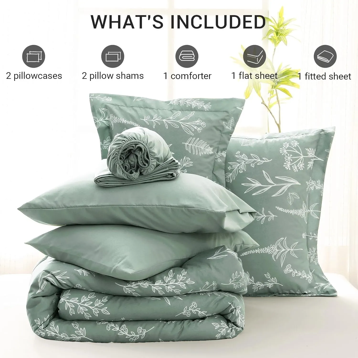 MUXHOMO Full Comforter Set, Sage Green Elegant Floral Print Bed in a Bag 7 Pieces, Ultra Soft & Breathable Reversible Botanical Pattern Bedding Set with Comforter, Sheets, Pillowcases, and Shams