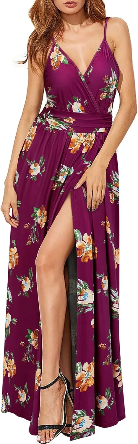 Newshows Women Summer 2025 Maxi Dress Vacation Floral Spaghetti Strap Spring Casual Boho Split Beach Long Flowy Sundress