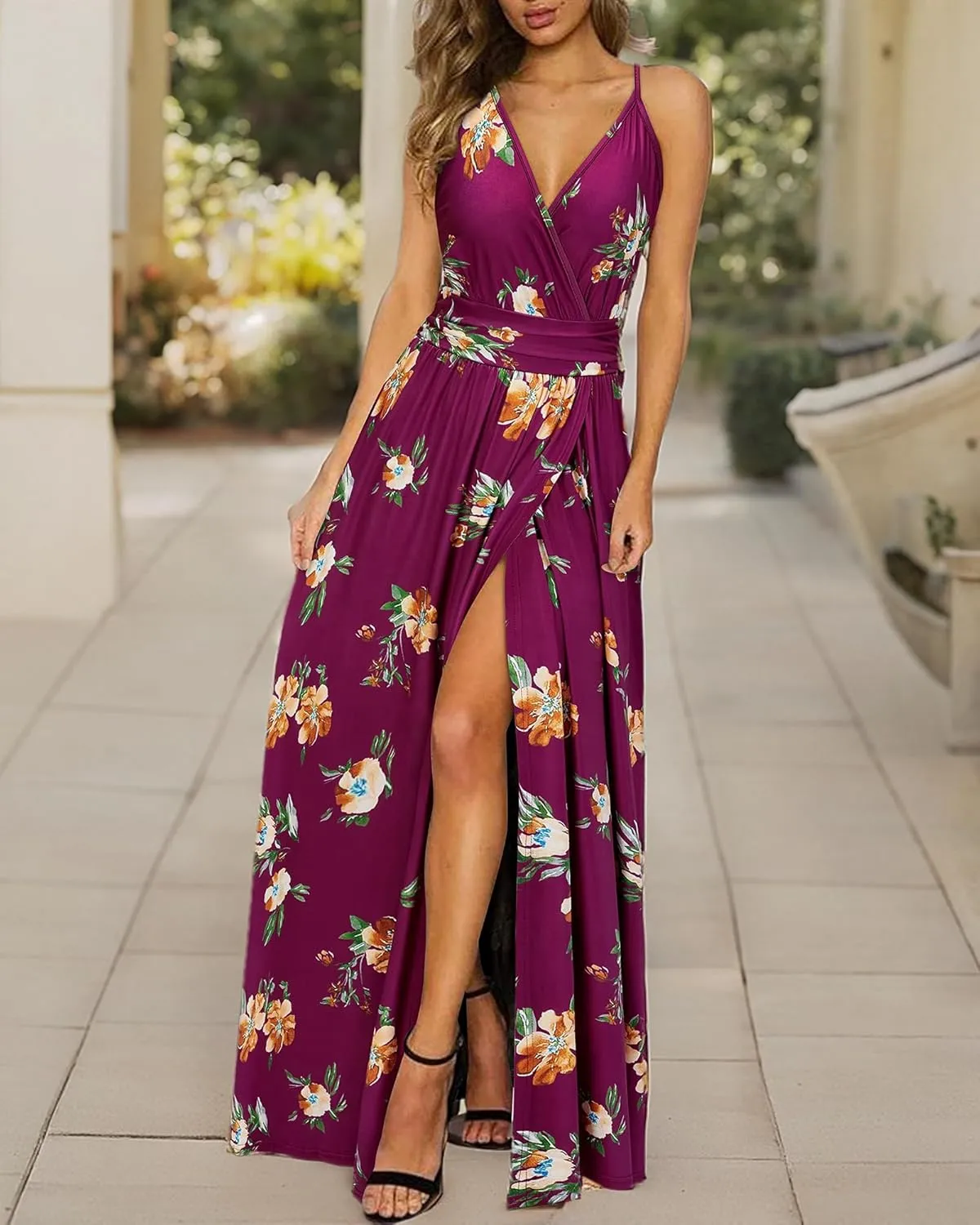 Newshows Women Summer 2025 Maxi Dress Vacation Floral Spaghetti Strap Spring Casual Boho Split Beach Long Flowy Sundress