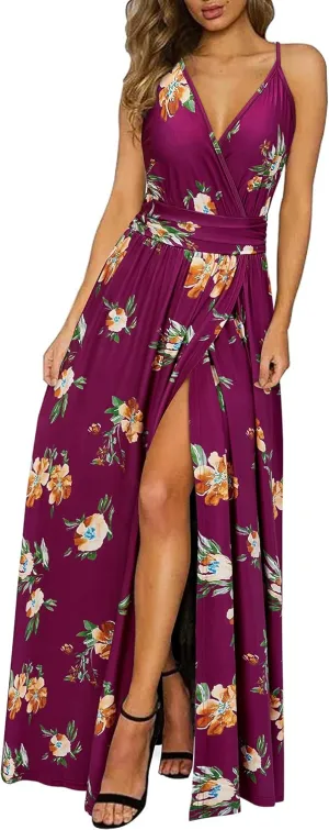 Newshows Women Summer 2025 Maxi Dress Vacation Floral Spaghetti Strap Spring Casual Boho Split Beach Long Flowy Sundress