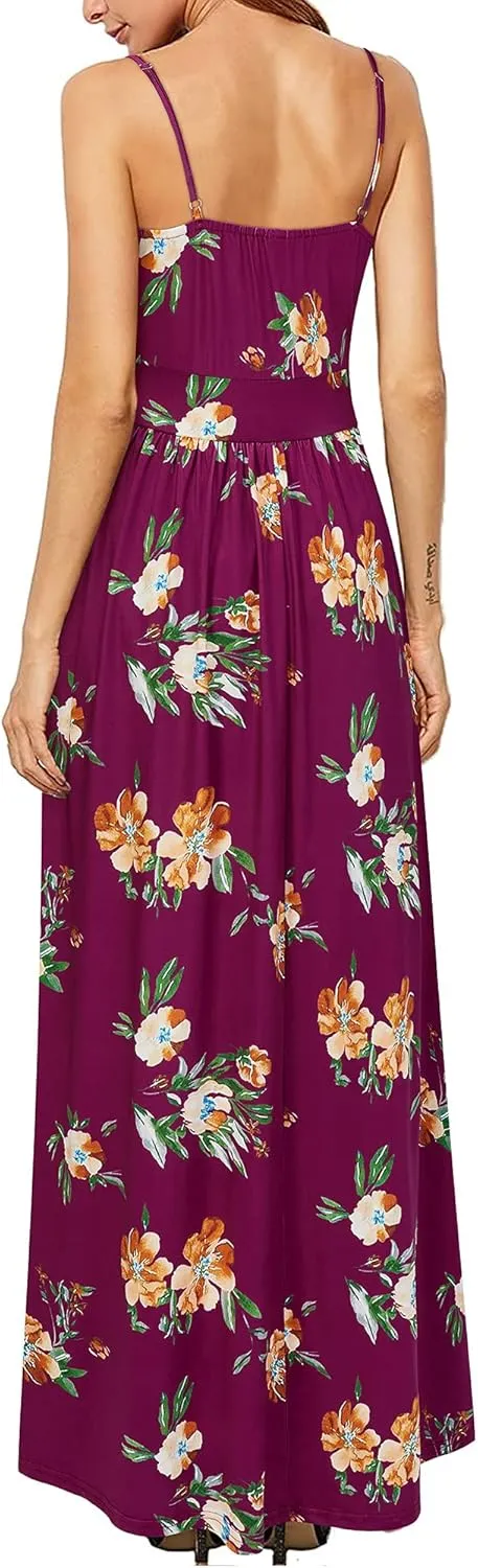 Newshows Women Summer 2025 Maxi Dress Vacation Floral Spaghetti Strap Spring Casual Boho Split Beach Long Flowy Sundress