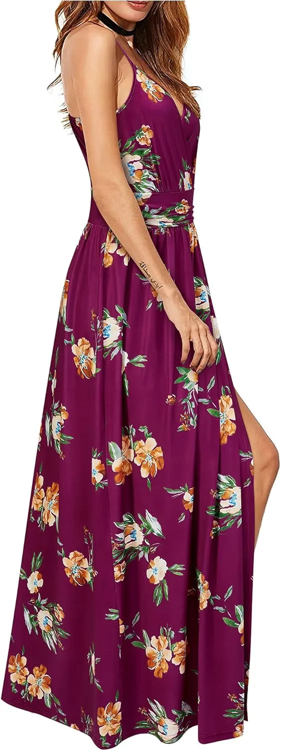 Newshows Women Summer 2025 Maxi Dress Vacation Floral Spaghetti Strap Spring Casual Boho Split Beach Long Flowy Sundress