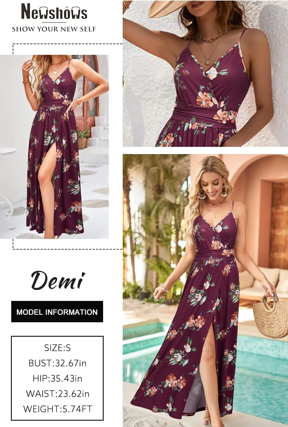 Newshows Women Summer 2025 Maxi Dress Vacation Floral Spaghetti Strap Spring Casual Boho Split Beach Long Flowy Sundress