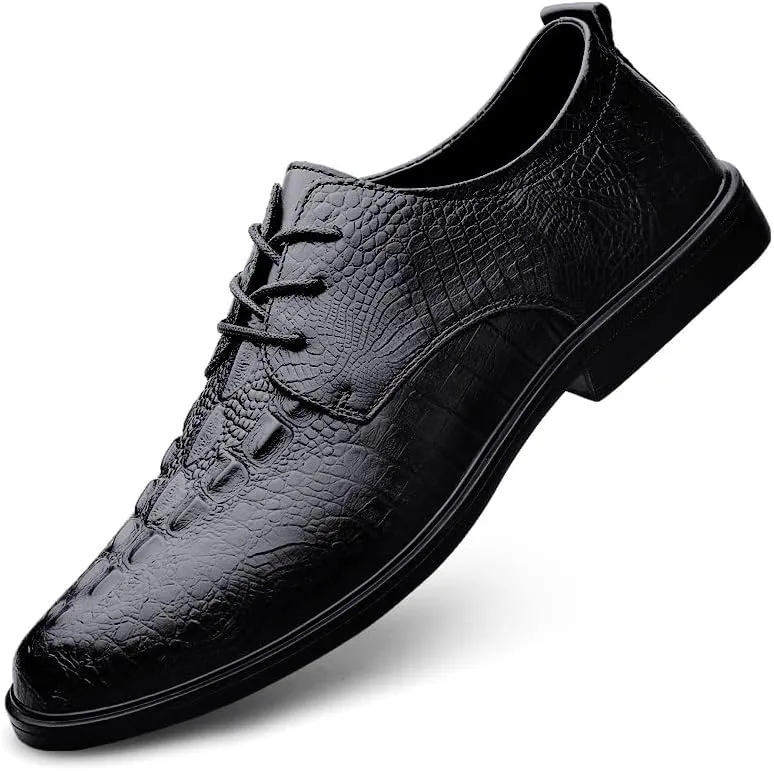 Oxford Formal Shoes for Men Lace Up Round Toe Leather Crocodile Print Derby Shoes Block Heel Low Top Rubber Sole Anti-Slip Slip Resistant Business