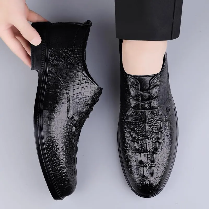 Oxford Formal Shoes for Men Lace Up Round Toe Leather Crocodile Print Derby Shoes Block Heel Low Top Rubber Sole Anti-Slip Slip Resistant Business