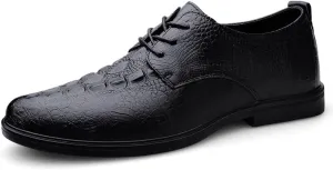 Oxford Formal Shoes for Men Lace Up Round Toe Leather Crocodile Print Derby Shoes Block Heel Low Top Rubber Sole Anti-Slip Slip Resistant Business