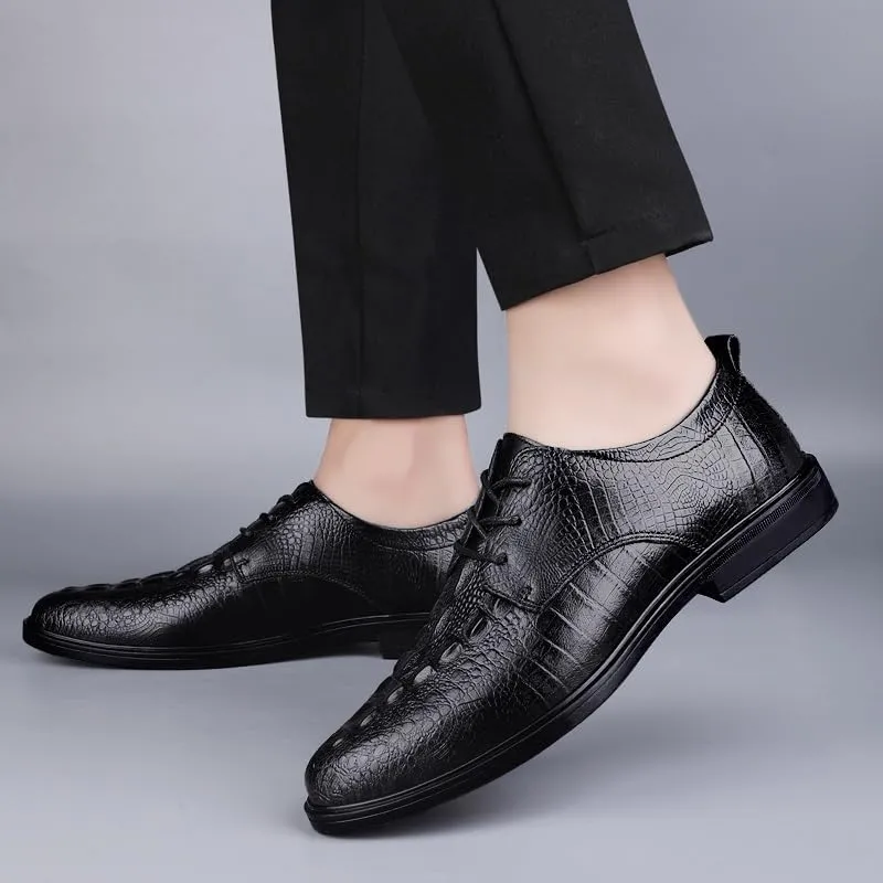 Oxford Formal Shoes for Men Lace Up Round Toe Leather Crocodile Print Derby Shoes Block Heel Low Top Rubber Sole Anti-Slip Slip Resistant Business