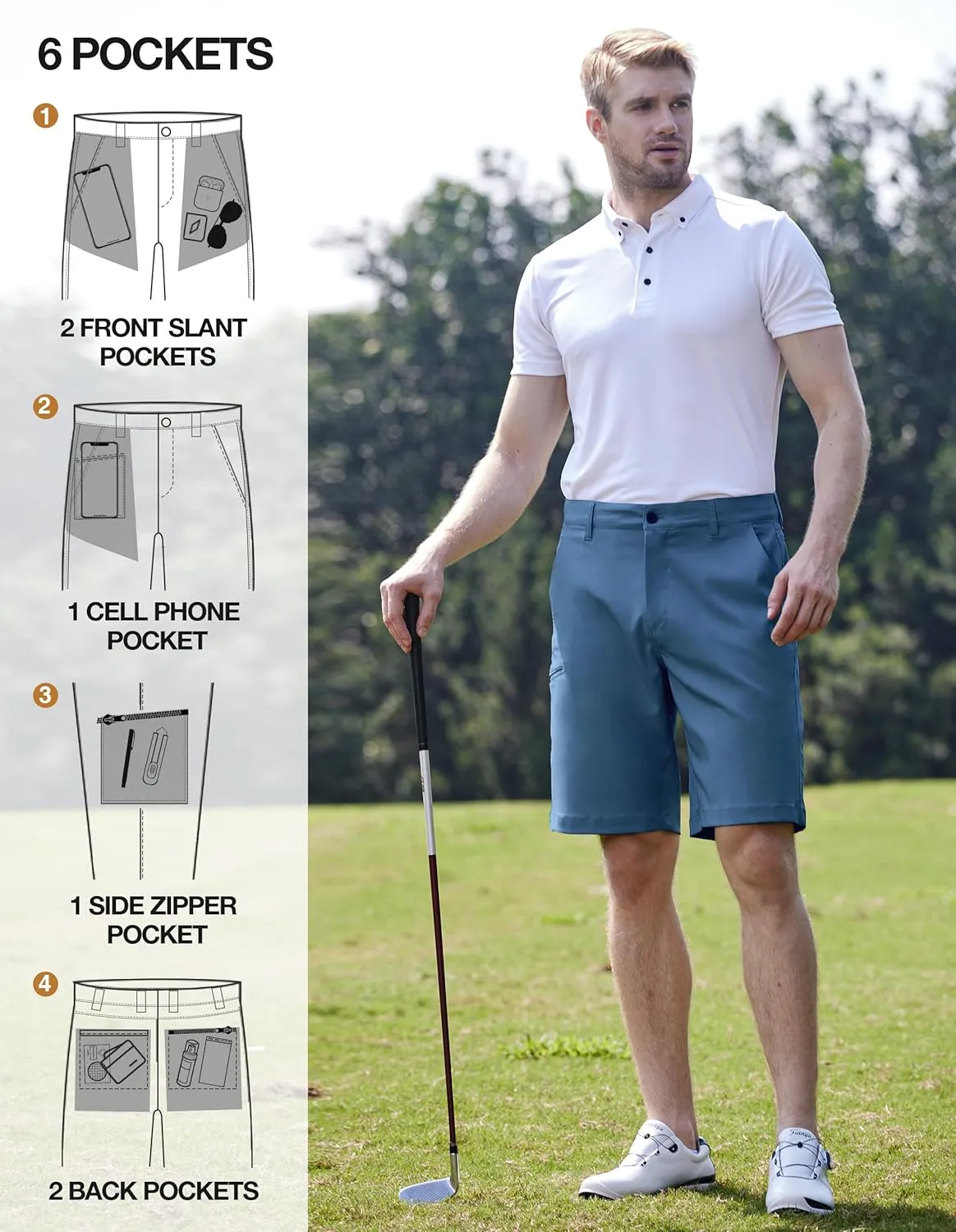 PULI Men's Golf Hybrid Dress Shorts Casual Summer Stretch Flat Front Lightweight Hiking Shorts Quick Dry with Pockets